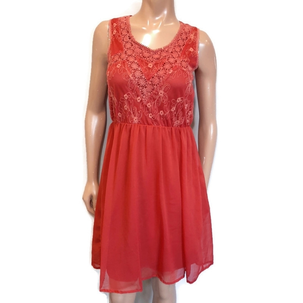 RICKIS Boho Floral Crochet Dress Mesh Sleeveless Fit & Flare Terracotta Mini
